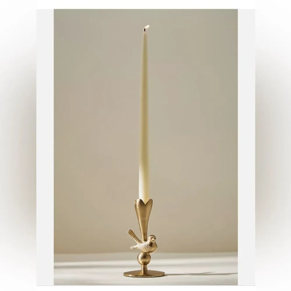 Anthropologie Marizia Sparrow Metal Taper Candle Holder Gold Birds Nature